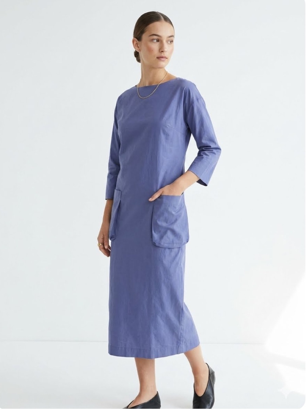 Alpha Studio blue periwinkle cotton poplin midi dress pockets size it 38 US XS